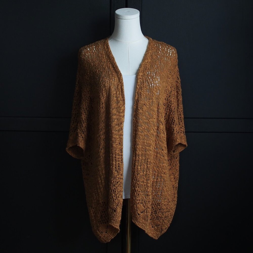 Forever 21 | Crochet, Short Dolman Sleeve, Knit Style, Open Cardigan in Caramel